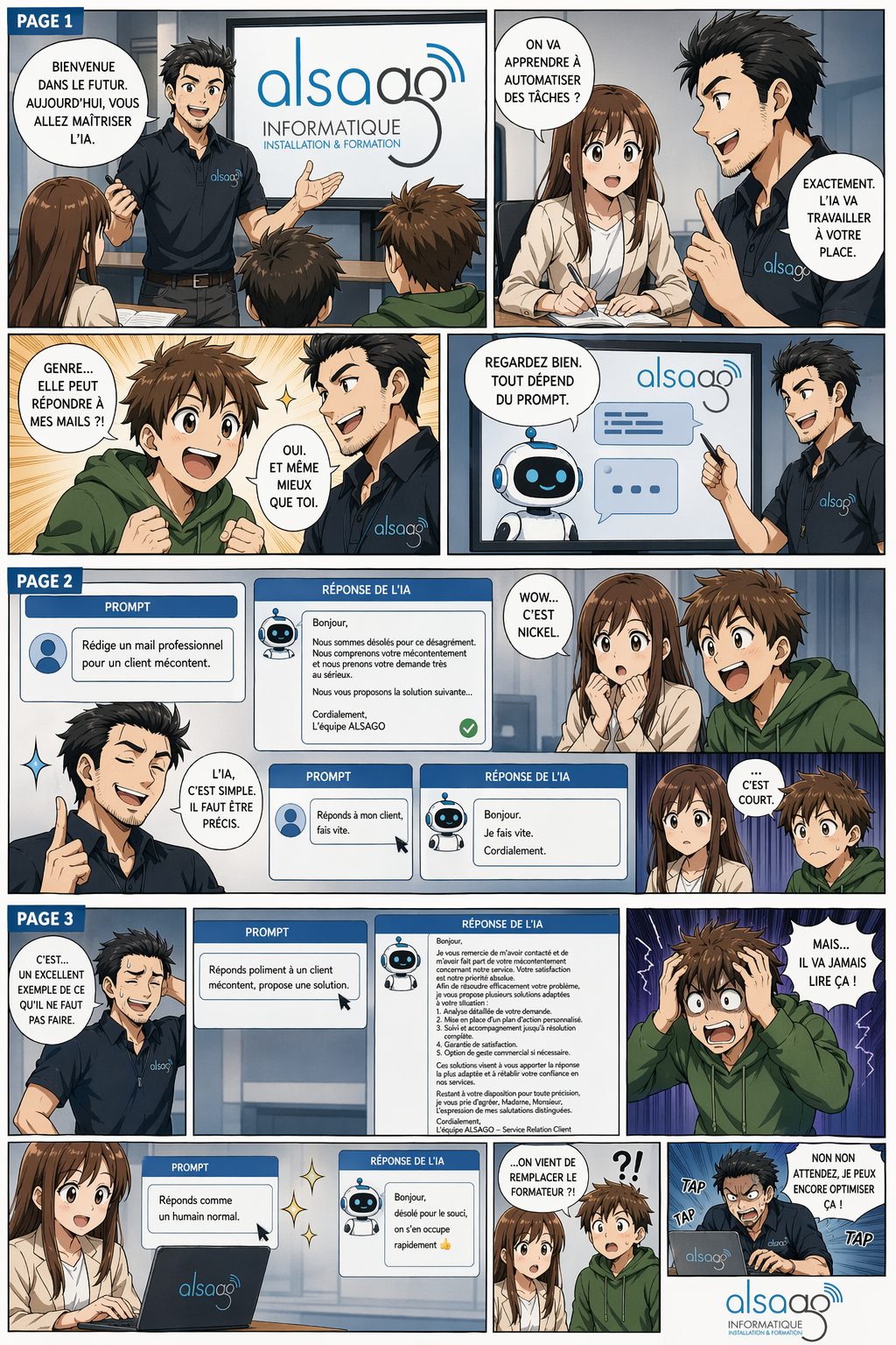 Planche manga en 3 pages mettant en scène un formateur IA Alsago, générée par ChatGPT Images 2