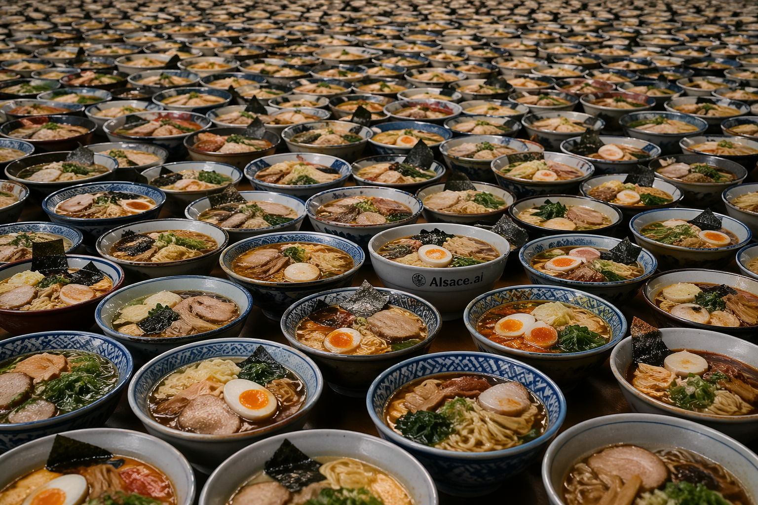 Des milliers de bols de ramen photoréalistes, un seul marqué Alsace.ai, généré par ChatGPT Images 2