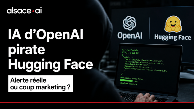 Silhouette à capuche, logos OpenAI et Hugging Face, terminal de code